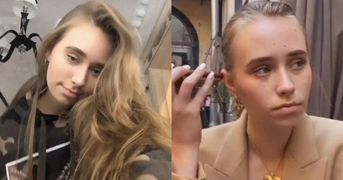 O tânără blondă cu părul desfăcut/ O tânără blondă, îmbrăcată în costum bej, care vorbește la telefon