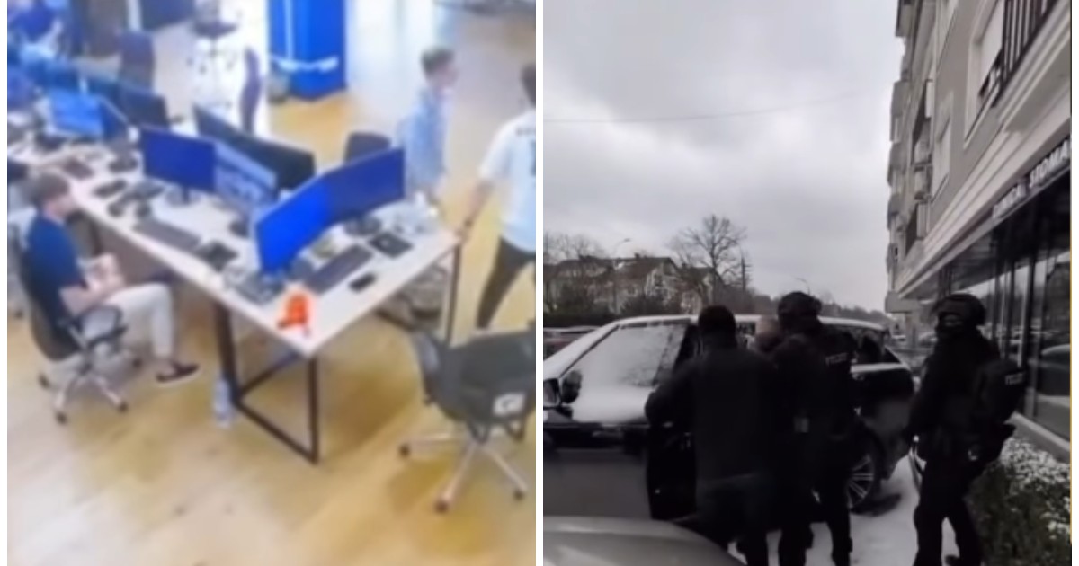 În stânga sunt mai mulți oameni așezați la o masă, iar în partea dreaptă mascații care țin o persoană lângă o mașină neagră.