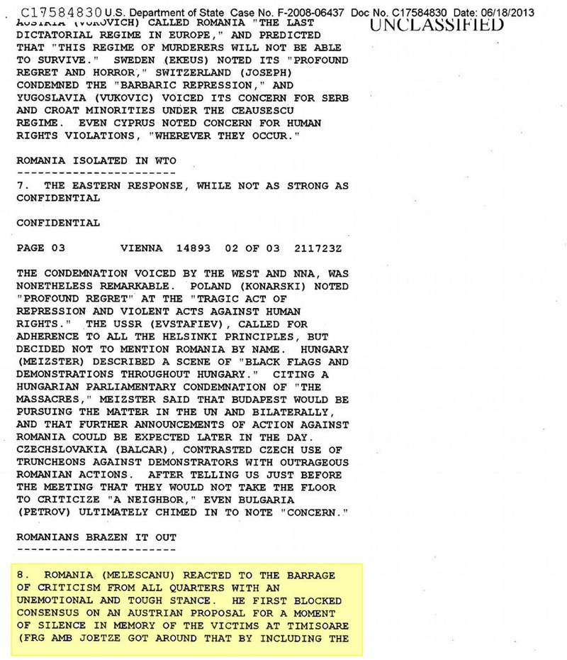 Telegrama diplomatică americană din 20 decembrie 1989