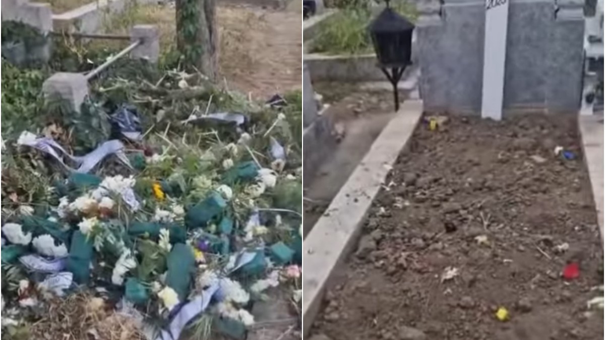 Imaginea este formată din două fotografii alăturate, ambele reprezentând scene dintr-un cimitir. În fotografia din stânga se vede o grămadă mare de flori, coroane și frunze, așezată lângă o alee și un mormânt. Lângă grămadă se sprijină o lopată. Scena pare a fi rezultatul unei curățări recente a mormântului sau al unor aranjamente funerare. Fotografia din dreapta prezintă un mormânt proaspăt, cu pământul afânat. Mormântul are o bordură de ciment, iar pe pământ sunt așezate câteva mici obiecte colorate. În fundal se vede o parte dintr-o piatră funerară și o lampă de cimitir.