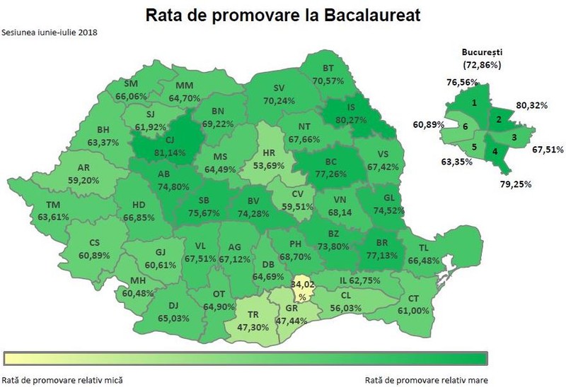 Harta cu rata de promovare la BAC 2018, pe județe