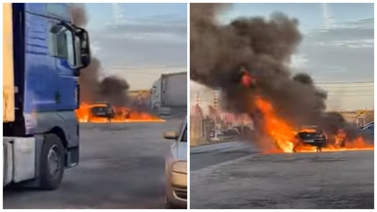 Mașina care a luat foc în mers în județul Prahova