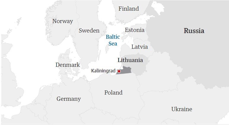 Kaliningrad, separată de Rusia și situată între Polonia, Lituania și Marea Baltică. FOTO: The Guardian