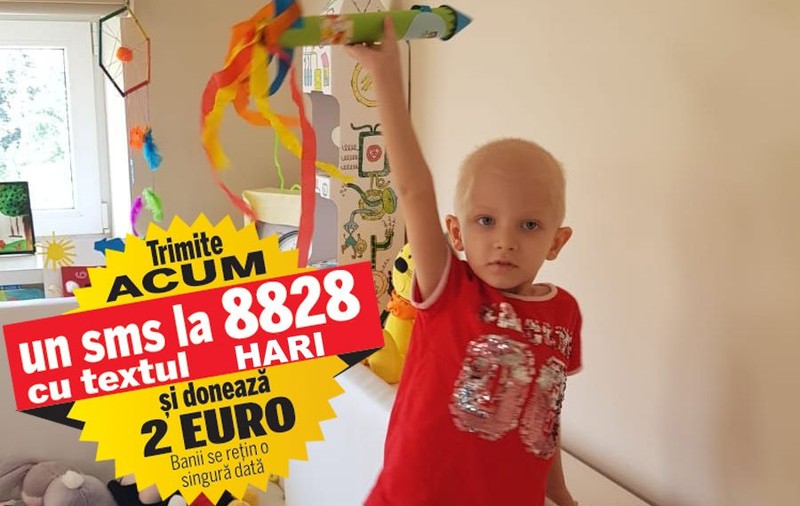 Hari a intrat în ultima ședință de chimioterapie înainte de extirparea tumorii. Băiețelul de trei ani suferă de neuroblastom, iar tratamentul costă peste 300.000 de euro