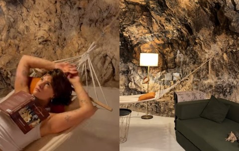 Un colaj cu două fotografii în care apare o casă amenajată într-o peșteră. În prima imagine este o femeie care stă într-un hamac, iar în a doua imagine este un living într-o încăpere cu pereți de stâncă