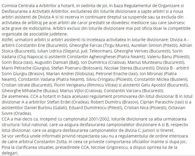 Un articol din 2001 despre mulți arbitri excluși, printre care și Silviu Crângașu și Aurelian Simion