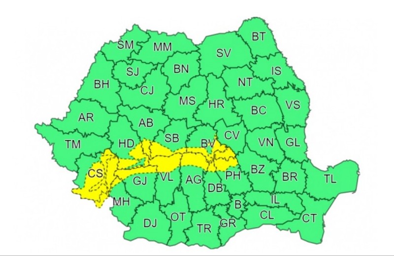 11 județe sunt vizate de atenţionarea cod galben, este vorba despre Alba, Argeş, Braşov, Caraş-Severin, Dâmboviţa, Gorj, Hunedoara, Mehedinţi, Prahova, Sibiu şi Vâlcea.