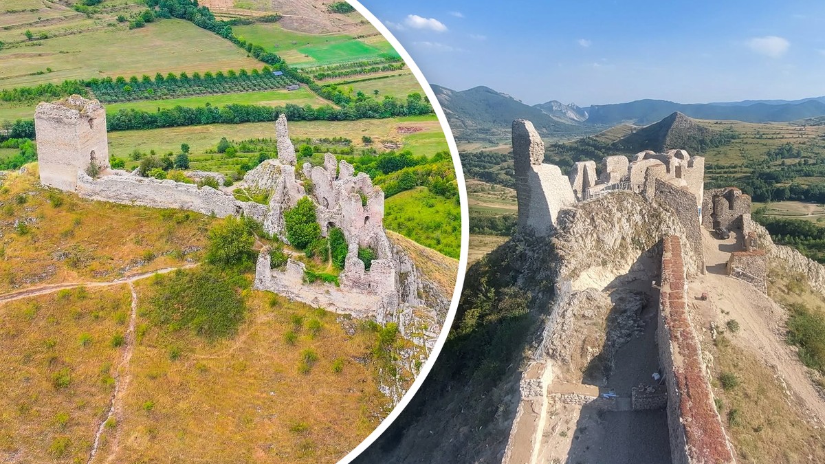 Un colaj cu o cetate medievală înainte și după restaurare