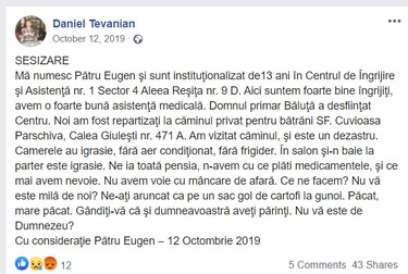 Mesajul postat de un beneficiar pe 12 octombrie 2019