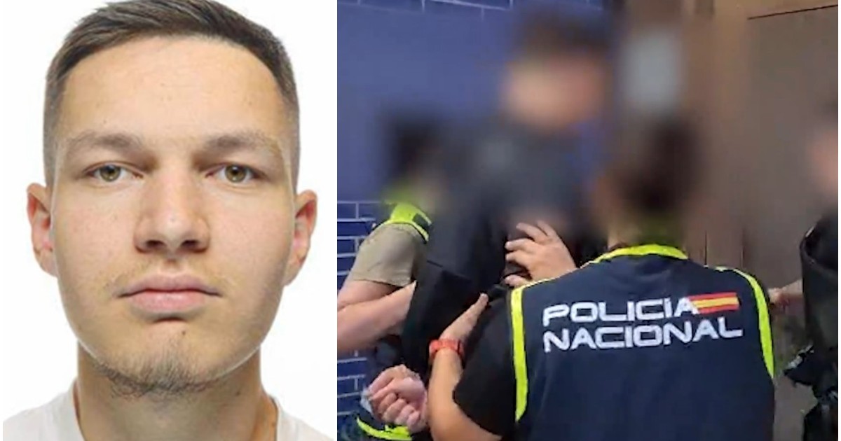 Imaginea prezintă în stânga fotografia de profil a unui bărbat tânăr, iar în dreapta momentul reținerii acestuia de către polițiști spanioli de la Policía Nacional.
