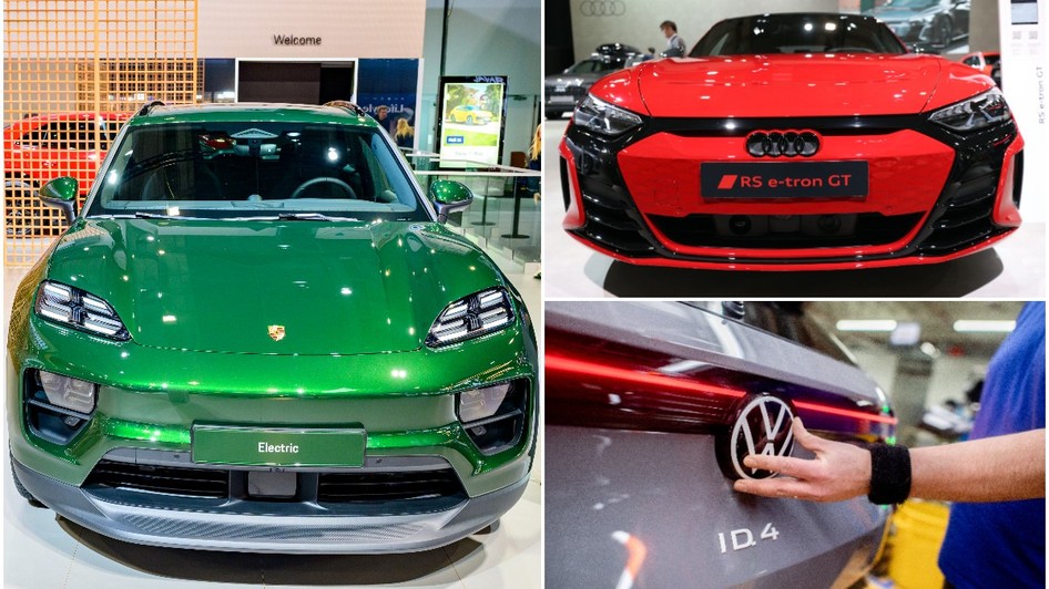 Colaj din trei cadre ce prezintă modele de vehicule electrice, incluzând un Porsche Macan Electric verde în stânga, un Audi RS e-tron GT roșu în dreapta sus și sigla unui Volkswagen ID.4 fiind atinsă cu mâna în dreapta jos.