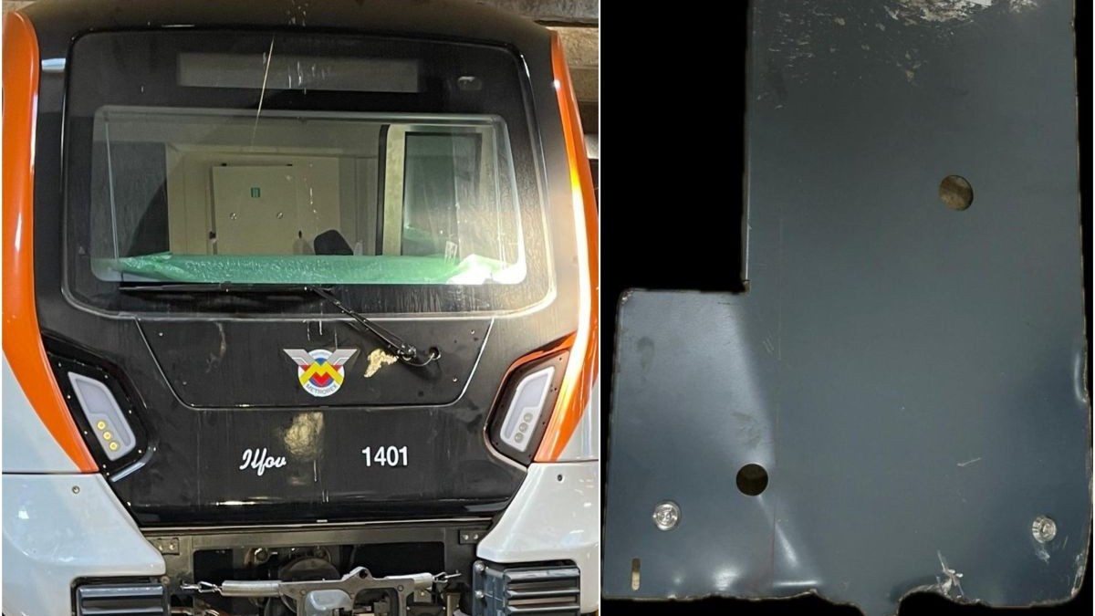 Un tren de metrou Alstom/Ilfov și piese componente care s-au desprins în timpul testelor, martie 2025