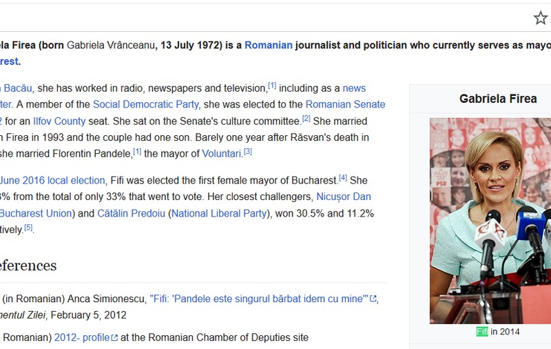 Gabriela Firea a apărut cu porecla "Fifi", pe pagina de Wikipedia în limba engleză (FOTO)