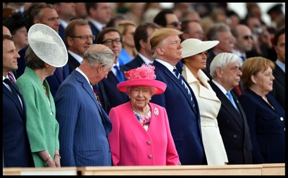Image ©Licensed to i-Images Picture Agency. 05/06/2019. Portsmouth, United Kingdom. HM The Queen attends D-Day 75th anniversary ceremony. Queen Elizabeth II accompanied by Prince Charles, The Prince of Wales, attends the D-Day 75 National commemorative Event at Southsea Common, Portsmouth, joined by President Trump, Prime Minister of Canada Justin Trudeau, President of the France Emmanuel Macron and Britain's Prime Minister Theresa May. Picture by Andrew Parsons / i-Images June 5, 2019