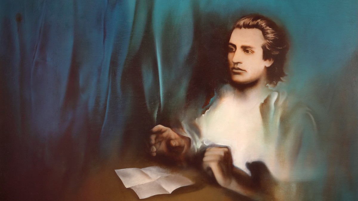 O pictura înfățișându l pe Mihai Eminescu, scriind la o masă