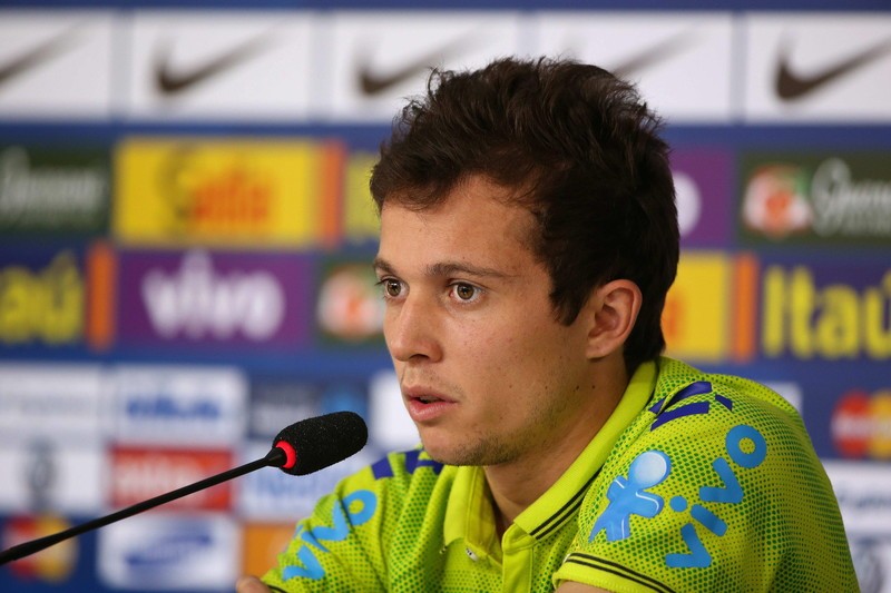 epa04302888 Brazil's soccer player Bernard speaks during a press conference at Granja Comary in Teresopolis, Brazil, 06 July 2014. Brazil will face Germany as part of semifinals of FIFA World Cup 2014 on 08 July. EPA/MARCELO SAYAO