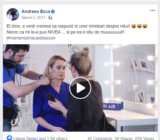 Pe 5 martie 2017, Andreea Esca a postat pe Facebook o reclamă la Nivea, nemarcată drept conținut publicitar