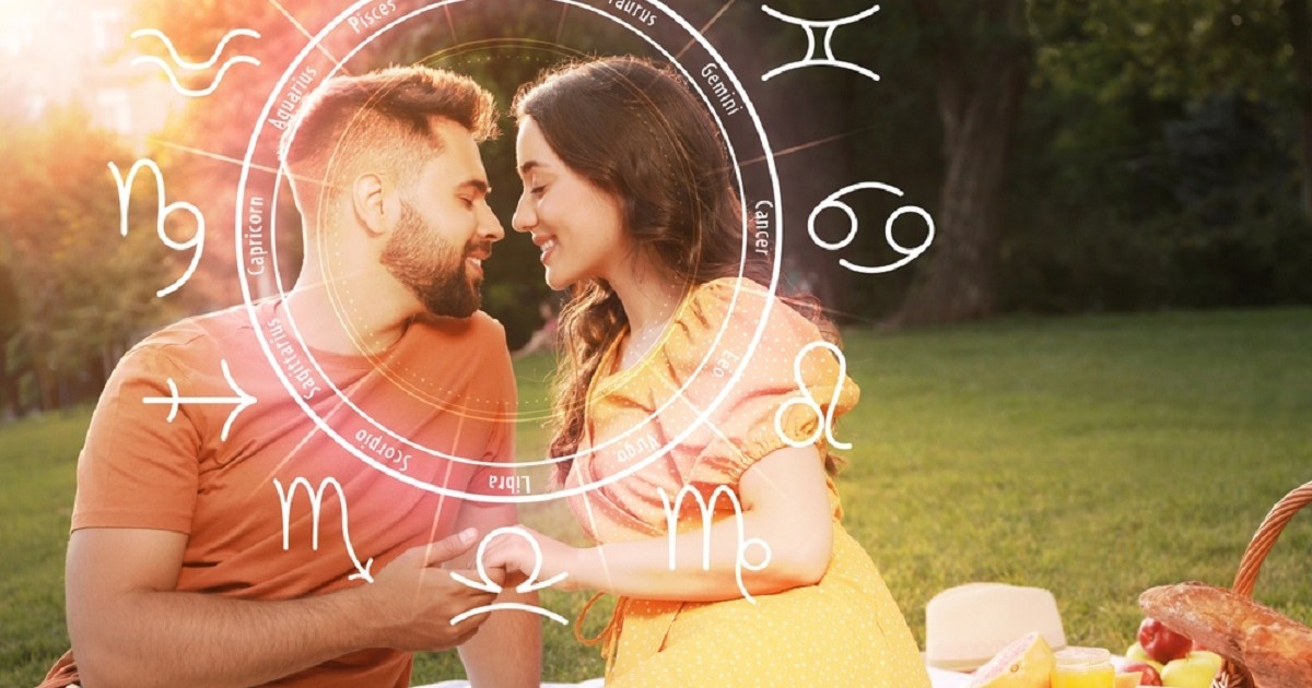 Zodii care au noroc în dragoste în vara lui 2026 - Doi indrăgostiți la picnic, iar pe imagine se afla o diagramă de horoscop