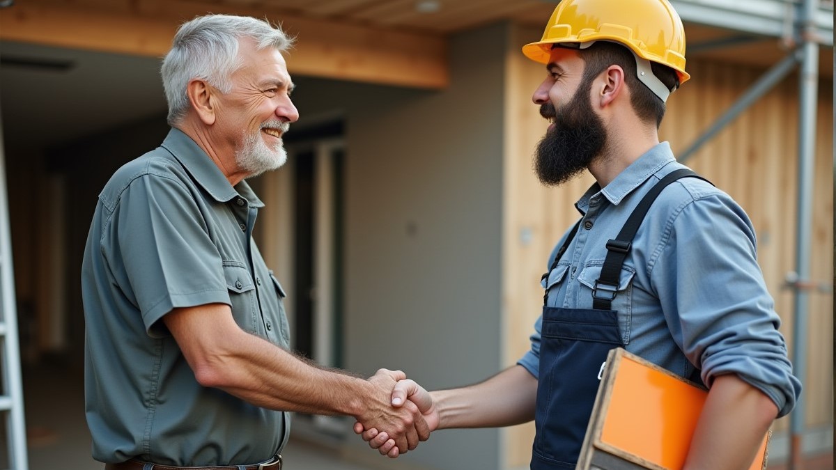 Daibau - un mester dand mana cu clientul sau in fata casei in constructii