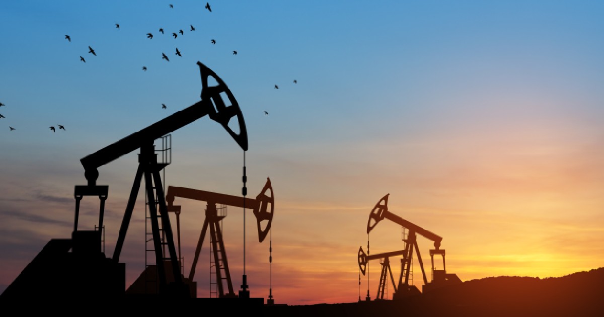 Imaginea prezintă mai multe sonde de petrol aflate în funcțiune pe fundalul unui apus de soare colorat, în timp ce un stol de păsări zboară pe cerul de deasupra lor.