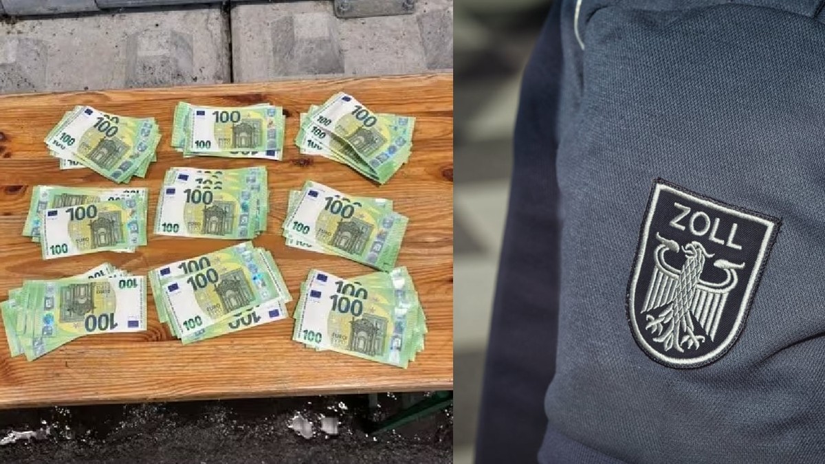 Mai multe hârtii de 100 de euro pe o masa de lemn// Insigna zoll a unui vames german