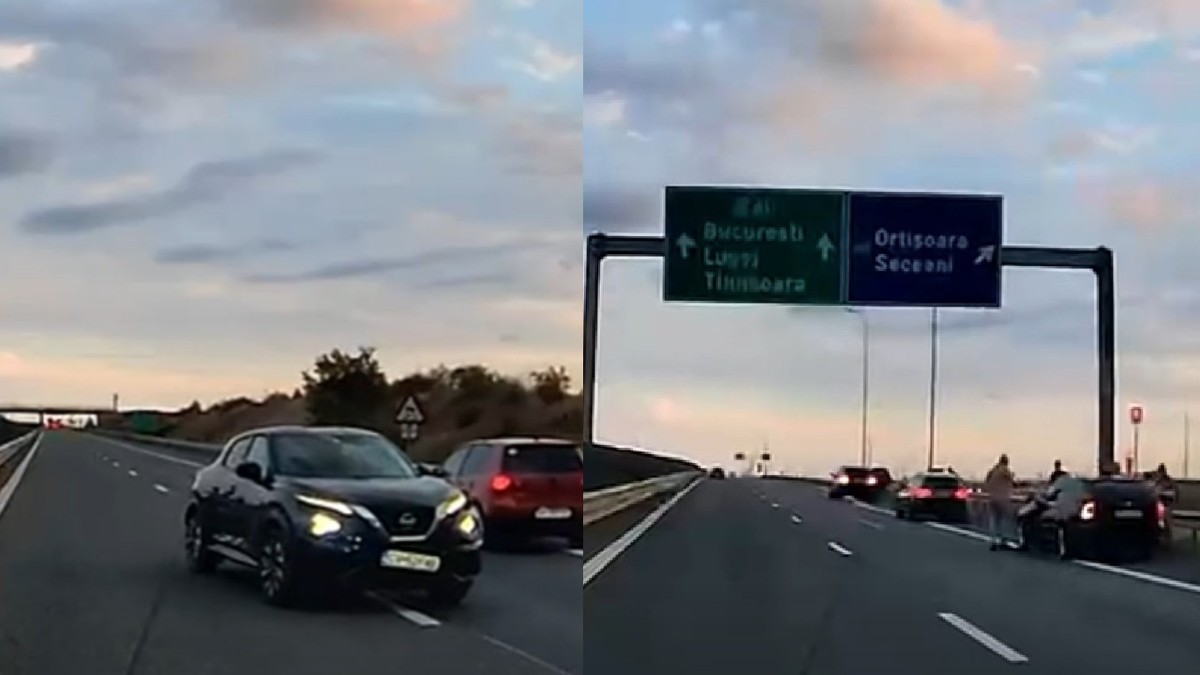 O mașina neagra, a carei bara atarna, merge pe contrasens pe autostrada A1, la apus// Trei masini oprite pe banda de urgenta dupa ce au fost avariate