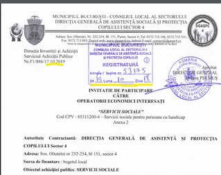 Lansarea invitației de participare pentru achiziția de servicii sociale pe 18 octombrie 2019