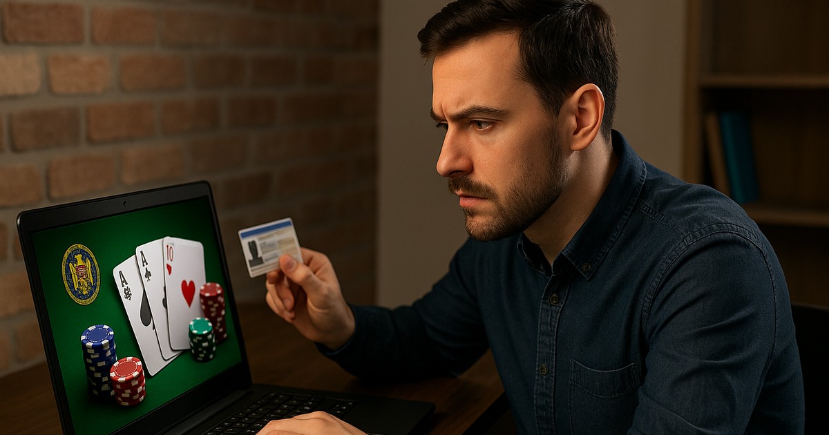 Barbat care sta pe laptop si are buletinul in mana. Pe ecran este un joc de poker