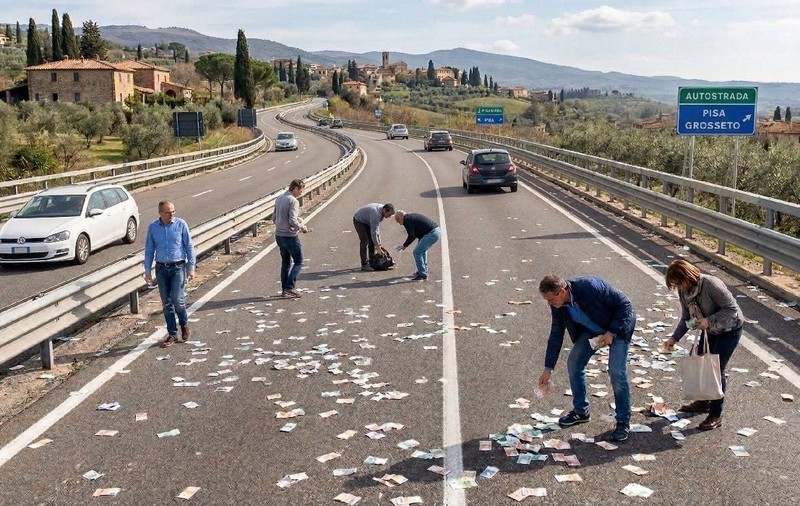 Sute de bancnote de 5 de euro au zburat dintr-un camion, iar alți șoferi au oprit și au luat banii împrăștiați pe șosea, în Italia