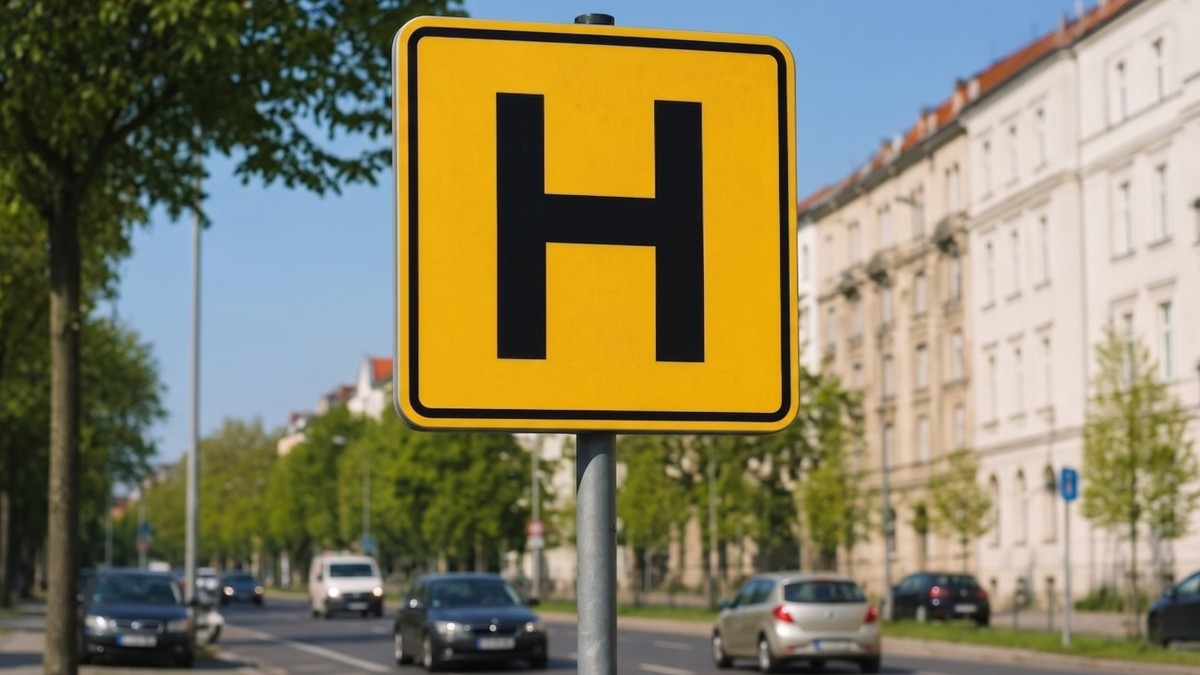 Un indicator pe care scrie cu negru litera H. Fundalul acestuia este galben.