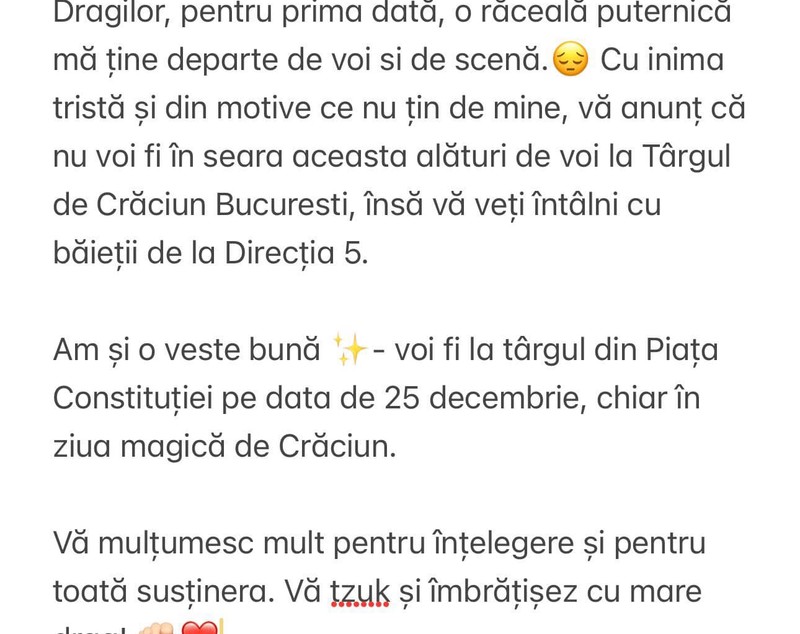Lidia Buble și-a anulat concertul din această seară, la deschiderea Târgului de Crăciun București. „Cu inima tristă vă anunț că nu voi fi alături de voi”