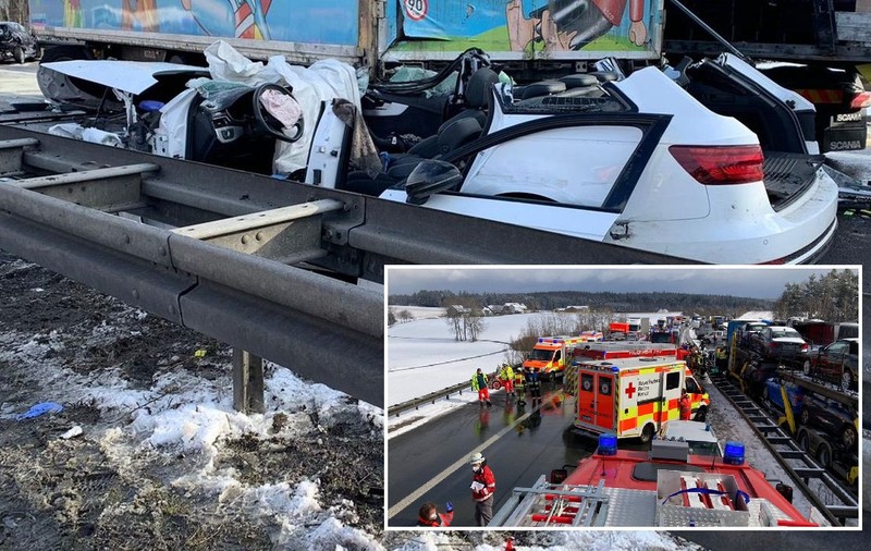 Șofer român de TIR cu un BMW sub camionul lui, în megaaccidentul cu 16 vehicule și 9 victime, din Germania