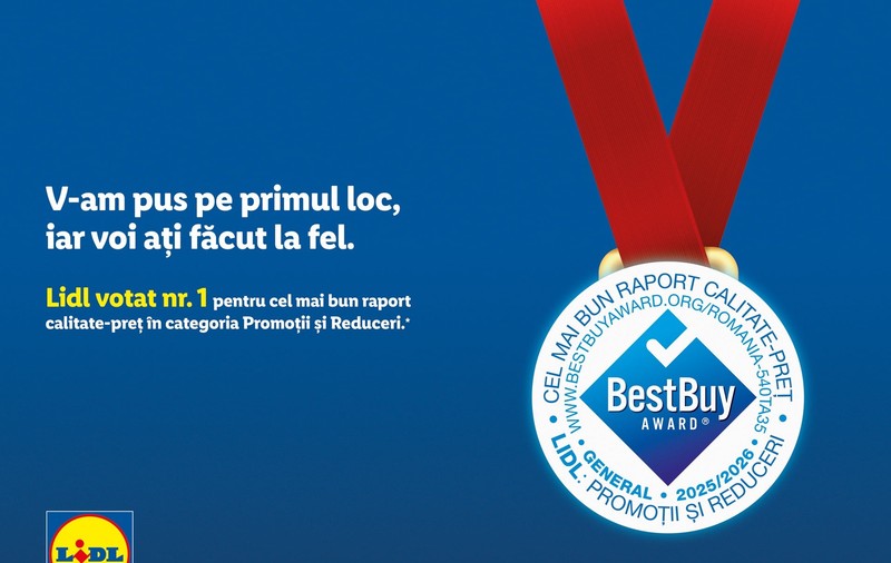 Lidl, votat de clienți numărul 1 în România pentru cel mai bun raport calitate-preț la categoria Promoții și Reduceri, în cadrul studiului ICERTIAS Best Buy Award 2025/2026