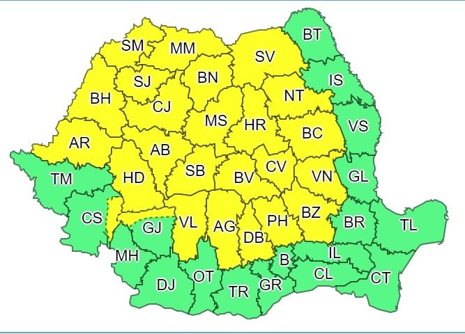 Județele afectate de codul galben
