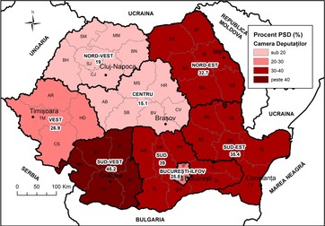 Figura 1. PSD: geografia votului la nivel regional la alegerile parlamentare din 2020