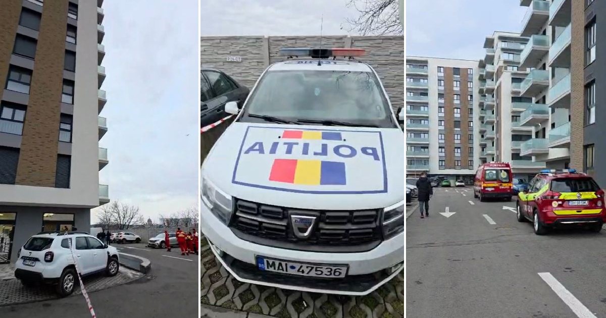 Trei fotografii cu o mașină de poliție albă și alte vehicule de urgență, lângă blocuri.