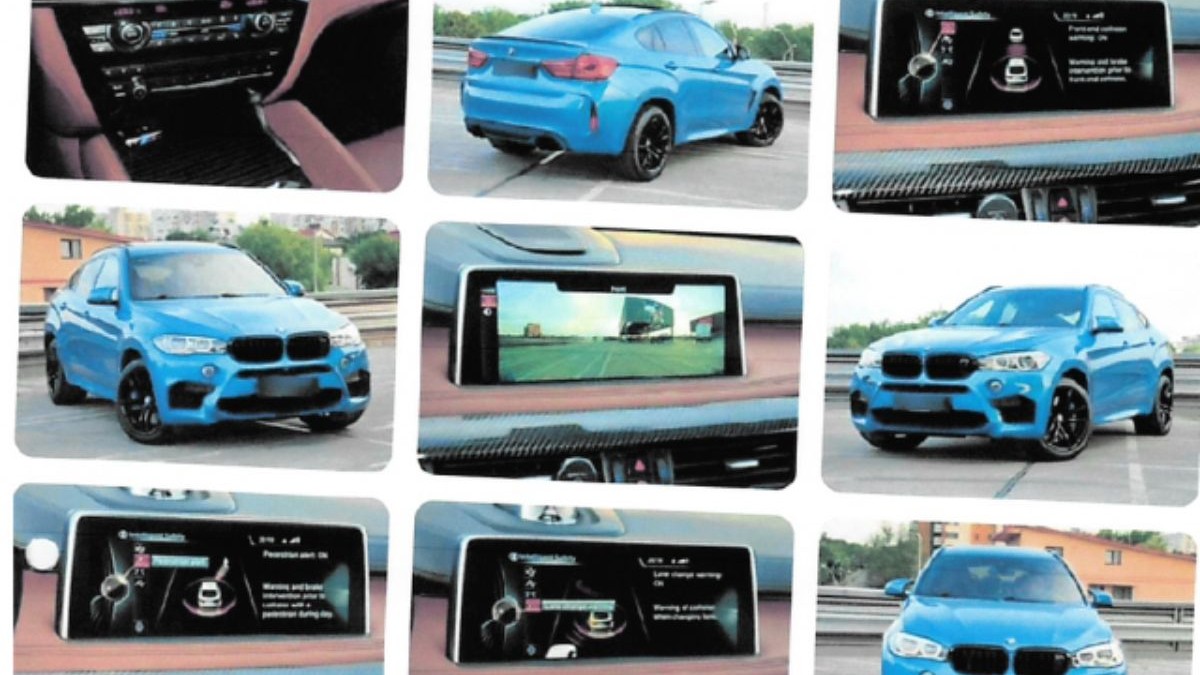 Colaj foto cu autoturismul BMW X6, de culoare albastră, cu poze atât din exterior, cât și din interior cu bordul și un display digital