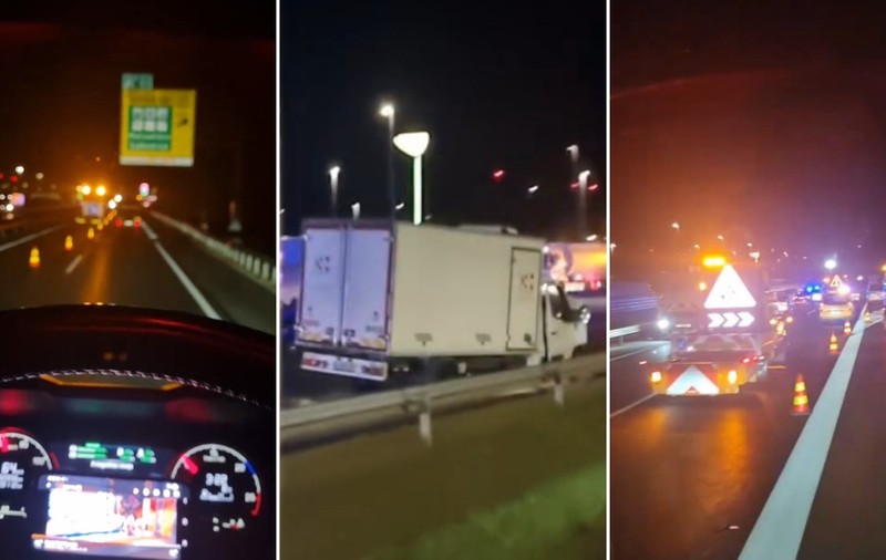 Colaj din trei cadre surprinse pe timp de noapte de la volanul unui vehicul, ce prezintă locul unui accident pe o autostradă, cu conuri de semnalizare, o autoutilitară albă oprită și vehicule de asistență rutieră cu lumini de avertizare aprinse.