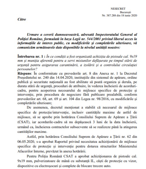 Răspunsul IGPR oferit publicației online Spot Media cu privire la achizițiile de armament.