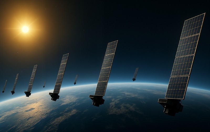 Flotă de sateliți Starlink pentru internet aflați pe orbita Pământului. O linie de sateliți de comunicații, cu Soarele la orizont. 
