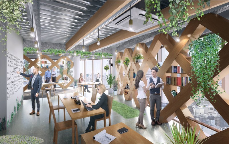Randare a interiorului clădirii construite din oțel și lemn de Maeda Corp. FOTO: Maeda