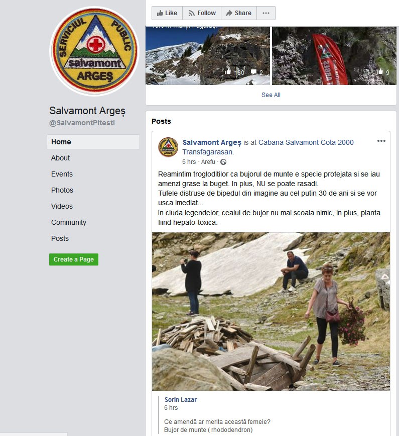 Postarea de pe pagina de Facebook a Salvamont Argeș