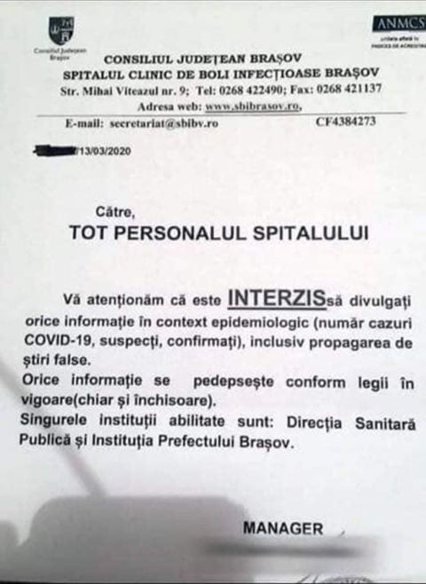 Documentul trimis către personalul spitalului