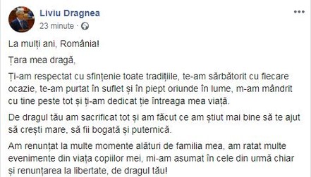 Postarea lui Liviu Dragnea, de Ziua Națională