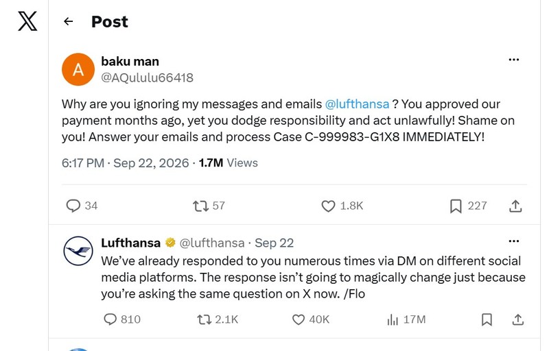 Postarea Lufthansa care a stârnit controverse și reacții în mediul online. Sursa foto: captură X / Lufthansa