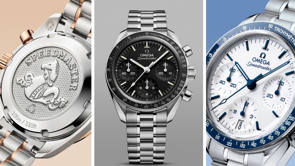 Trei ceasuri marca Omega, modelul speedmaster 38. In stanga spatele carcasei, in mijloc tot ceasul complet cu bratara din metal si cadran negru, iar in dreapta un close up cu acelasi model dar alb cu accente albastre