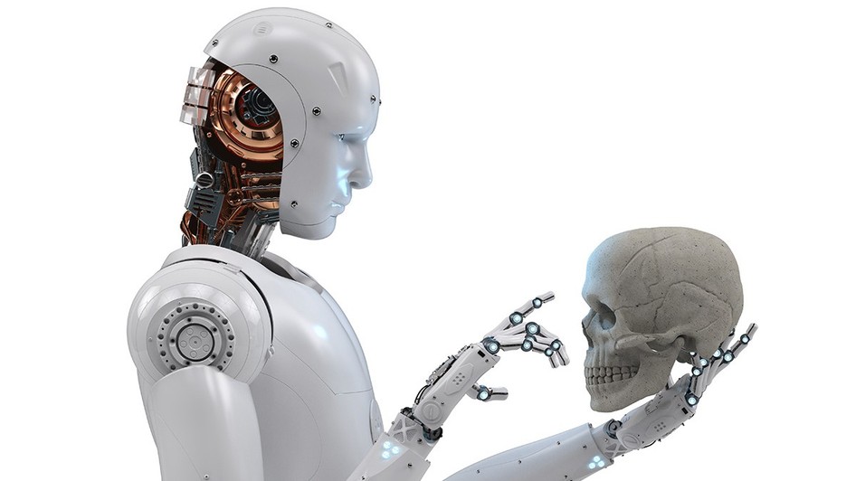UN robot care ține în mâini un craniu uman