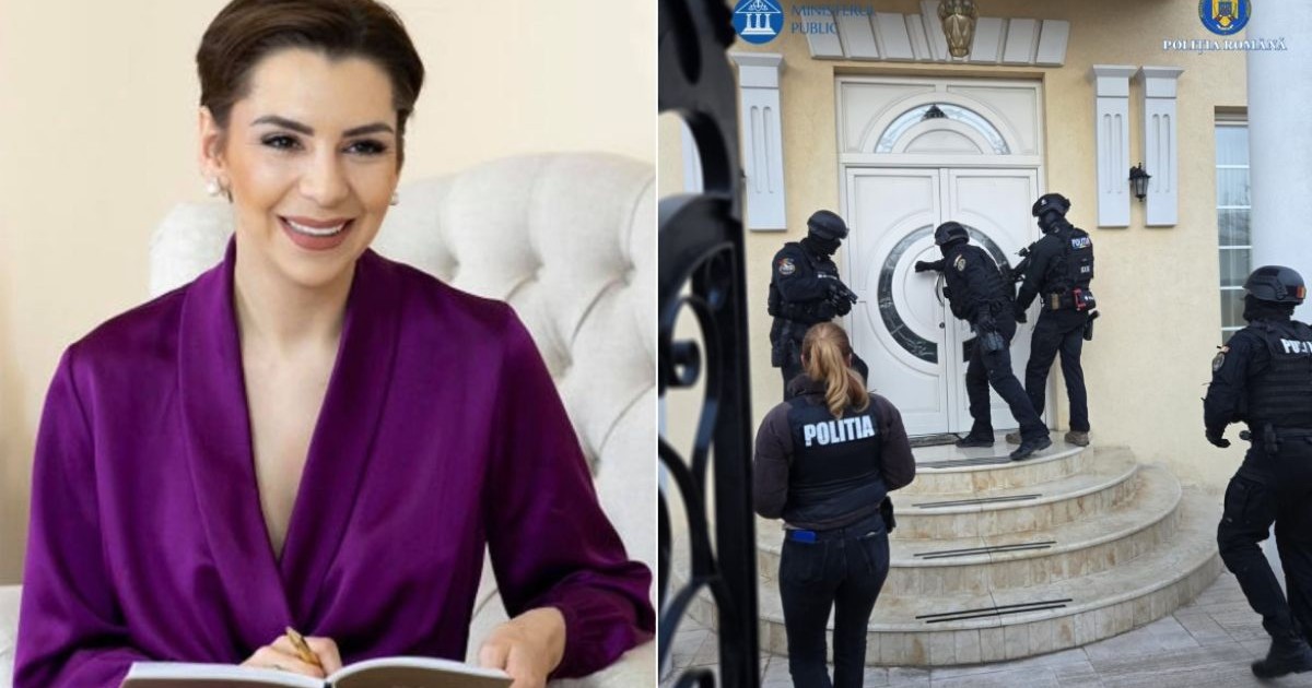 Colaj cu două fotografii, în stânga - Adriana Viliginschi, fosta iubită a lui Adrian Kreiner, îmbrăcată cu o rochie mov, în timp ce ține o carte în mână, iar în dreapta mai mulți luptători mascați ai Poliției care sparg ușa albă a unei case