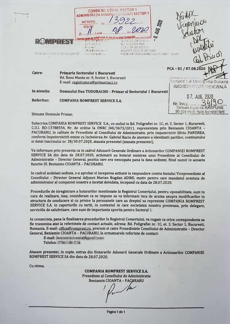 Adresa către Primăria Sector 1 prin care Beniamin Cioantă - Păcuraru semnează în numele Romprest, spunând că el a devenit reprezentant legal. ”Relațiile dintre primarul PSD Tudorache și Maricel Păcuraru sunt foarte bune, astfel încât primăria nici n-a verificat că această schimbare n-a avut, de fapt, loc”, susțin oameni din Romprest.