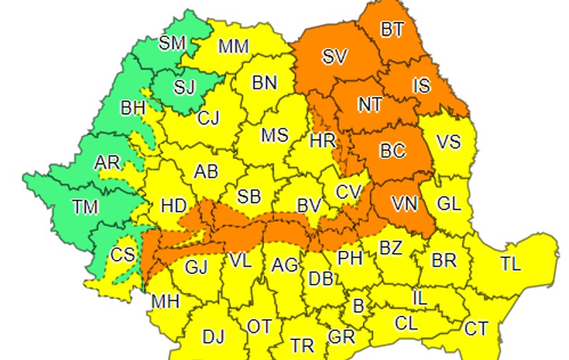 Noi alerte meteo de vreme rea: Cod portocaliu și cod galben de vijelii în aproape toată țara, ninsori și viscol la munte